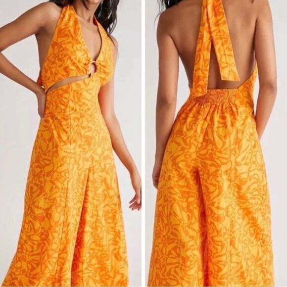 New Free People Kira Jumpsuit Yellow/orange 
 Wide Leg Retro size S NWOT - Picture 2 of 8